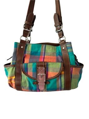 CHAPS Vintage Madras Plaid Shoulder Purse Cotton Faux Leather Lots of Storage